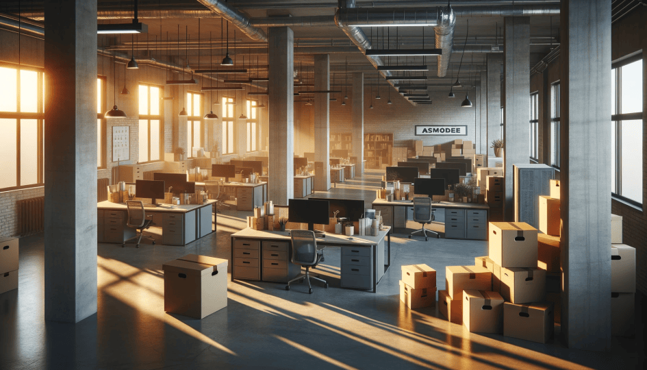 Un bureau de style industriel au coucher du soleil avec de longues ombres projetées dans la pièce, indiquant un déménagement d'Asmodée.